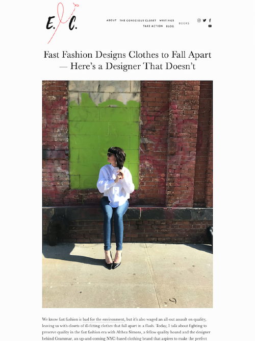 "Fast Fashion Designs Clothes to Fall Apart - Here’s a Designer That Doesn’t" By Elizabeth Cline - November 1, 2018