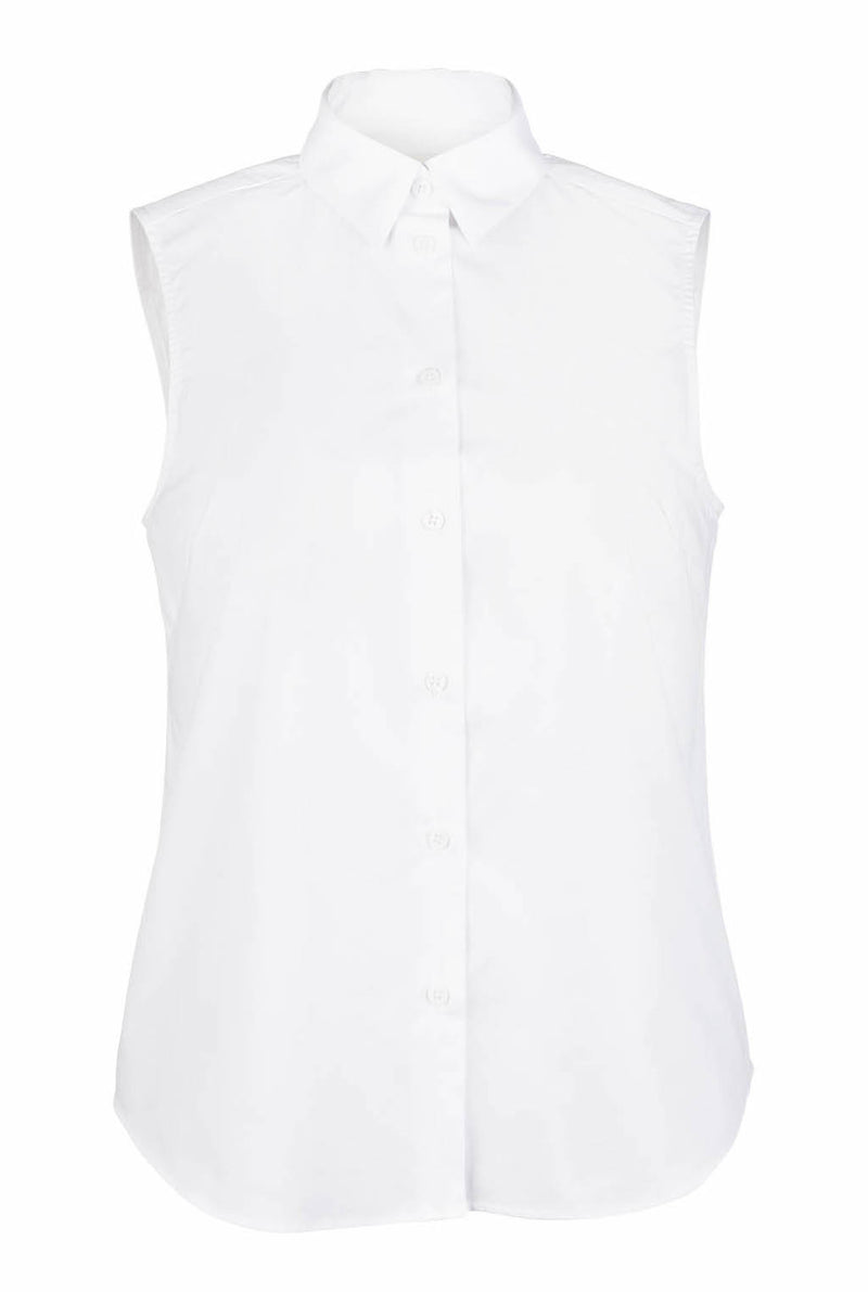 The  white cotton sleeveless button-down shirt features a classic shirt collar and a curved hemline.