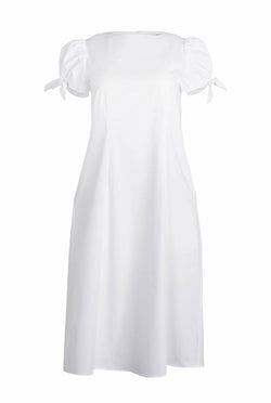 The midi puff sleeve dress has ties at the sleeve that give it a ballooning effect.