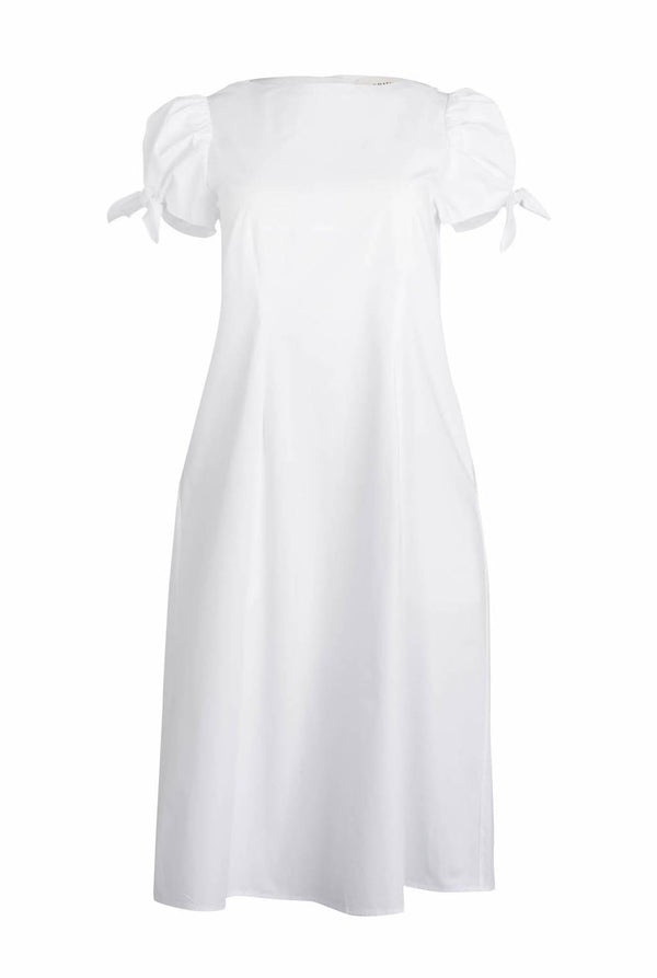 The midi puff sleeve dress has ties at the sleeve that give it a ballooning effect.
