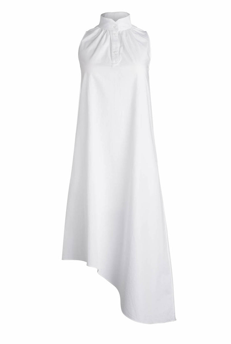 The asymmetrical dress has a center placket with buttons that rise from right below the collarbone to the base of the neck.