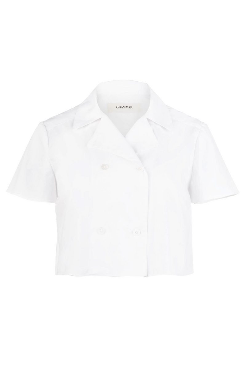 The crop has short sleeves and a classic shirt collar. 